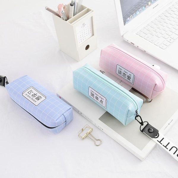 angelhere store 1pcs kawaii pu pencil case korea style bag lattice storage office school supply stationery bags