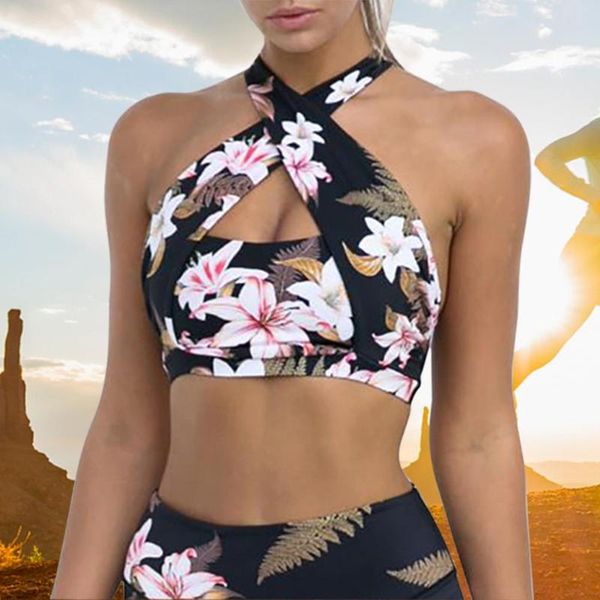 gym clothing strappy cross bandage push up sports vest with floral prints detachable washable chest pads, White;black
gym clothing strappy cross bandage push up sports vest with floral prints detachable washable chest pads, White;black