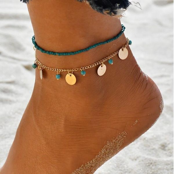 

anklets summer beach foot chains jewelry bohemia fashion barefoot tassel round bead anklet gift for women girl, Red;blue