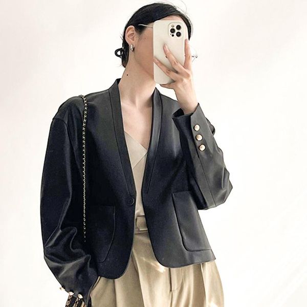 women's leather & faux autumn real vintage small suit coat women first layer sheepskin v-neck jackets korean fashion cuero genuino ropa, Black
women's leather & faux autumn real vintage small suit coat women first layer sheepskin v-neck jackets korean fashion cuero genuino ropa, Black