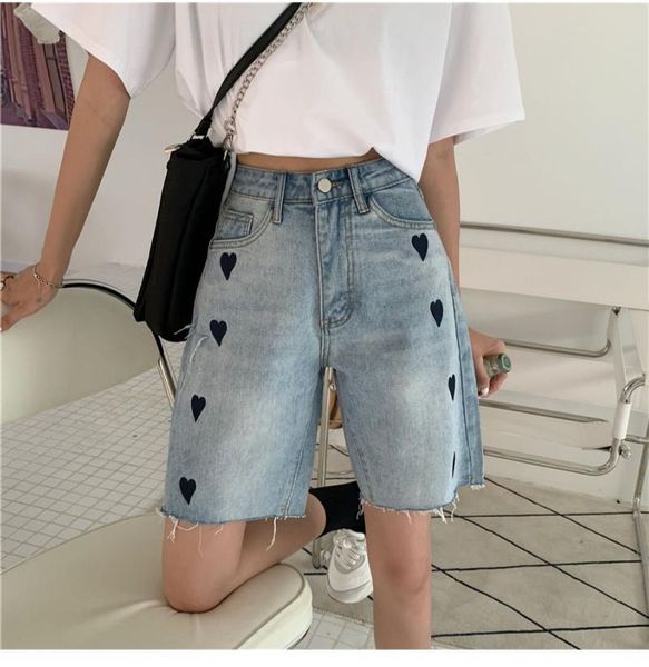 women's shorts streetwear denim women print heart chic high waist biker jeans 2021 summer korean style ladies, White;black
women's shorts streetwear denim women print heart chic high waist biker jeans 2021 summer korean style ladies, White;black