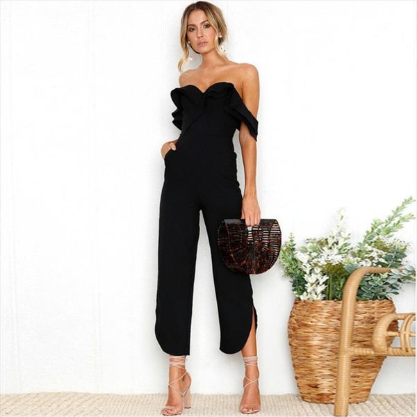 summer off shoulder elegant women romper ruffle backless wide leg with overalls pockets combine monos cortos de mujer wy, Black;white 
summer off shoulder elegant women romper ruffle backless wide leg with overalls pockets combine monos cortos de mujer wy, Black;white