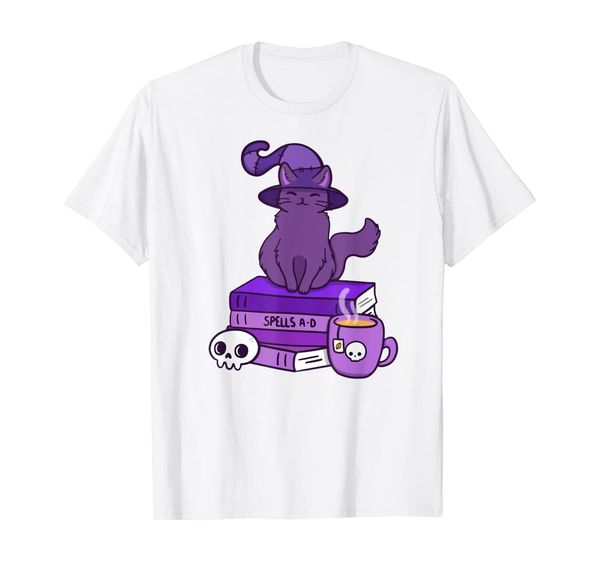 cute magic cat book t-shirt, White;black