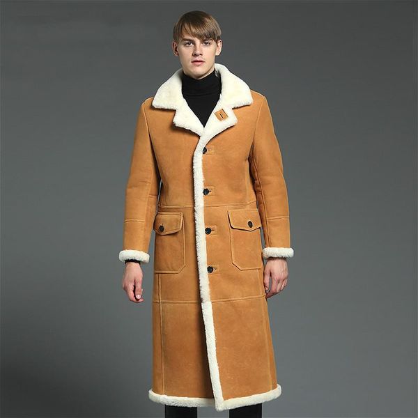 men's leather & faux 2022 winter men natural sheepskin shearling coat knee length parka overcoat warm fur lining casual outwear, Black 
men's leather & faux 2022 winter men natural sheepskin shearling coat knee length parka overcoat warm fur lining casual outwear, Black
