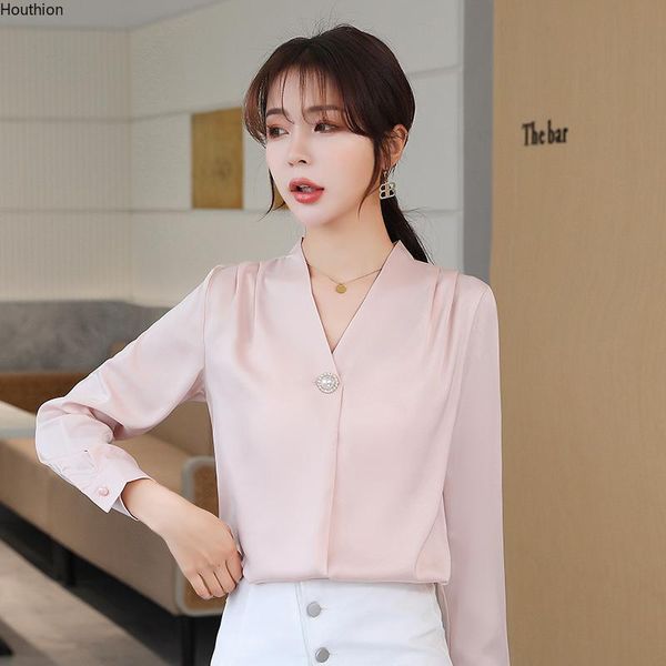 women's blouses & shirts houthion casual blouse pullover spring/autumn fashion long sleeve satin slim solid color v-neck, White 
women's blouses & shirts houthion casual blouse pullover spring/autumn fashion long sleeve satin slim solid color v-neck, White