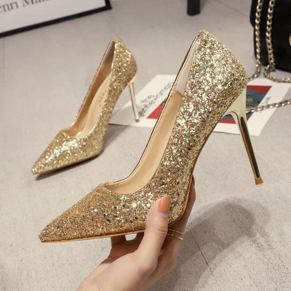 dress shoes spring women pumps high thin heels pointed toe metal decoration bling bridal wedding gold 9cm, Black
dress shoes spring women pumps high thin heels pointed toe metal decoration bling bridal wedding gold 9cm, Black