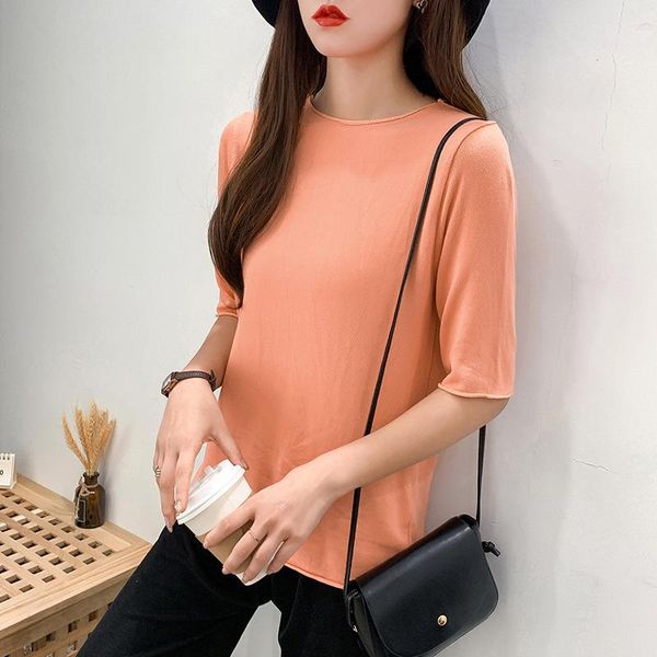 women's t-shirt summer loose thin simple casual middle-sleeved ice silk women solid color basic all-match top, White
women's t-shirt summer loose thin simple casual middle-sleeved ice silk women solid color basic all-match top, White