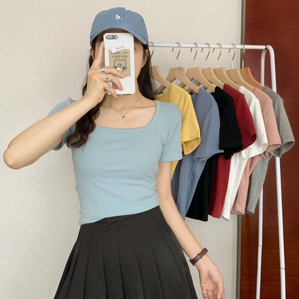 women's t-shirt candy colors short sleeve slim t-shirts for women summer fashion square collar elastic all match basic cropped tees, White
women's t-shirt candy colors short sleeve slim t-shirts for women summer fashion square collar elastic all match basic cropped tees, White