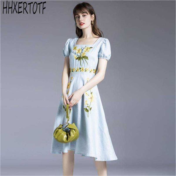 summer sunflower embroidery dres short puff sleeves square collar sky blue casual dresses 210531, Black;gray
summer sunflower embroidery dres short puff sleeves square collar sky blue casual dresses 210531, Black;gray