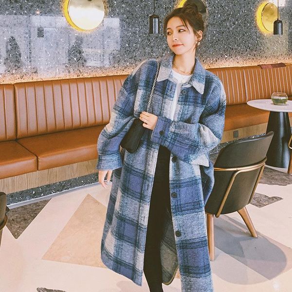 women's wool & blends autumn straight woolen coat for female korean style blue plaid single-breasted all-match long warm fashion, Black
women's wool & blends autumn straight woolen coat for female korean style blue plaid single-breasted all-match long warm fashion, Black