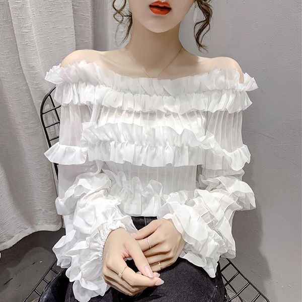women's blouses & shirts 2021 spring autumn one word collar chiffon long-sleeved sweet temperament fashion all-match for women y341, White
women's blouses & shirts 2021 spring autumn one word collar chiffon long-sleeved sweet temperament fashion all-match for women y341, White