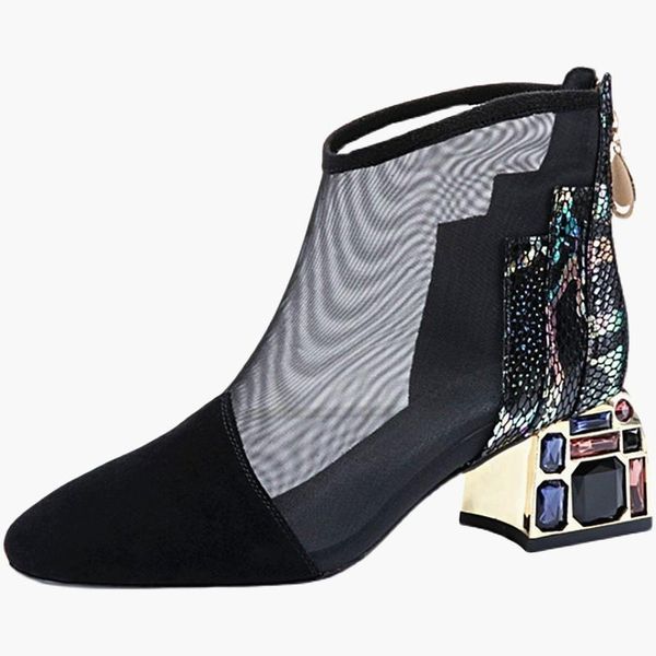 mesh sandals boots women ankle boot for summer mid heel rhinestone ponited toe hollow out back zip shoes woman, Black
mesh sandals boots women ankle boot for summer mid heel rhinestone ponited toe hollow out back zip shoes woman, Black
