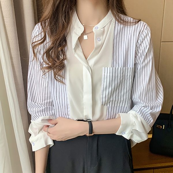 women's blouses & shirts shintimes new striped casual stand pocket chiffon women blouse woman clothes long sleeve 2021 womens chemisie, White
women's blouses & shirts shintimes new striped casual stand pocket chiffon women blouse woman clothes long sleeve 2021 womens chemisie, White