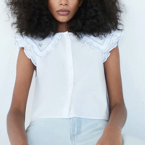 za summer women embroidery blouse ruffles sleeve female loose single breasted thin casual sweet girls shirt 210422, White
za summer women embroidery blouse ruffles sleeve female loose single breasted thin casual sweet girls shirt 210422, White