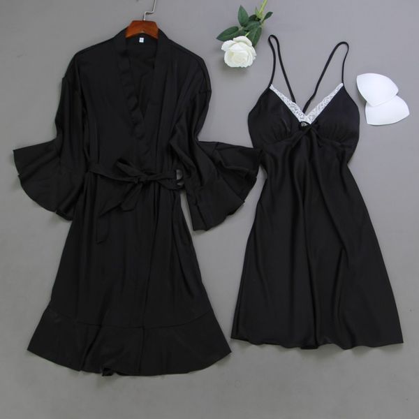 spring summer women satin robe & gown sets lace sleep lounge sleeveless sil nightwear bathrobe+night dress chest pads, Black;red
spring summer women satin robe & gown sets lace sleep lounge sleeveless sil nightwear bathrobe+night dress chest pads, Black;red