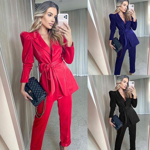 spring and autumn women's two-piece casual suit office solid color fashion jacket strap plastic waist two piece pants, White
spring and autumn women's two-piece casual suit office solid color fashion jacket strap plastic waist two piece pants, White