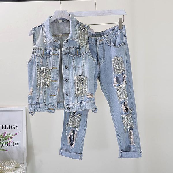 two piece dress european style denim sets women spring autumn vest set diamond ripped cropped jeans two-piece women's, White
two piece dress european style denim sets women spring autumn vest set diamond ripped cropped jeans two-piece women's, White