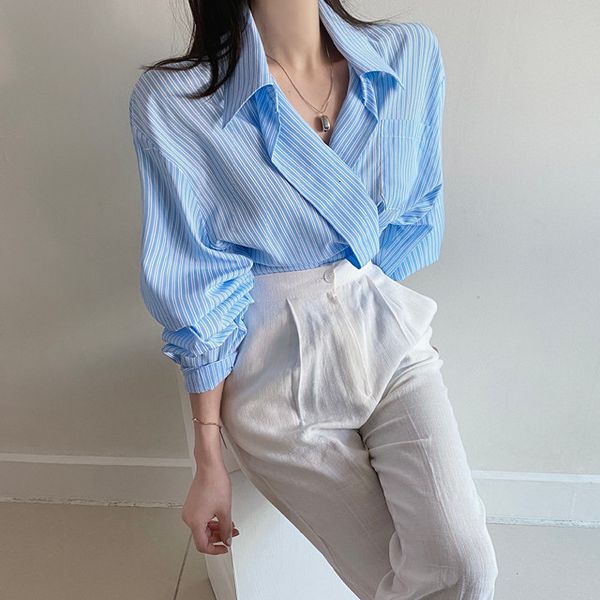 women's blouses & shirts autumn korean chic blue striped fashion ladies lapel single-breasted loose casual long-sleeved shirt all-, White
women's blouses & shirts autumn korean chic blue striped fashion ladies lapel single-breasted loose casual long-sleeved shirt all-, White