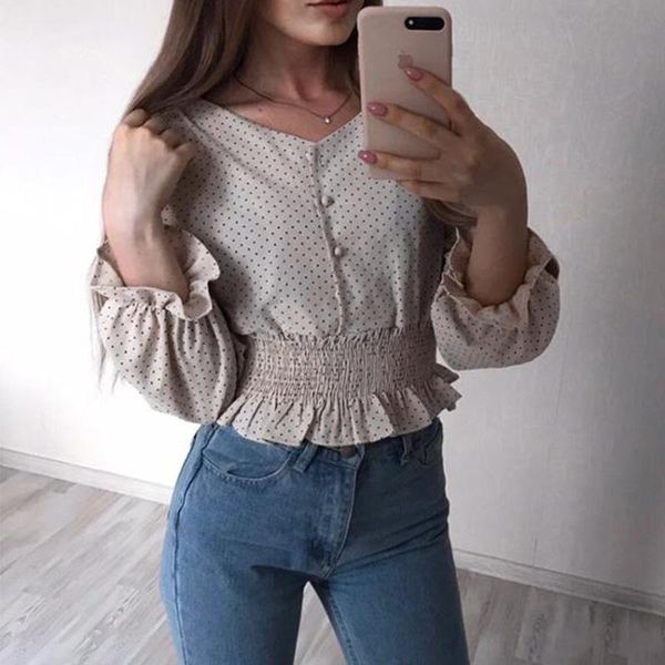 women's blouses & shirts polka dot blouse women vintage v-neck flare sleeve elegant front buttons slim waist ruffles female blusas 2021, White
women's blouses & shirts polka dot blouse women vintage v-neck flare sleeve elegant front buttons slim waist ruffles female blusas 2021, White