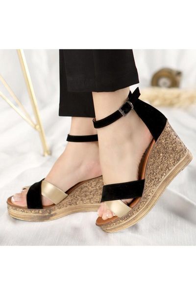 sandals women's black suede gold detailed fill heel