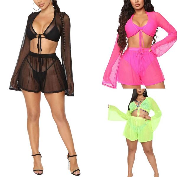 women's swimwear 2 pcs woman's cover up set beaches tulle midriff-baring lace-up smock solid color perspective shorts for travel, White;black
women's swimwear 2 pcs woman's cover up set beaches tulle midriff-baring lace-up smock solid color perspective shorts for travel, White;black