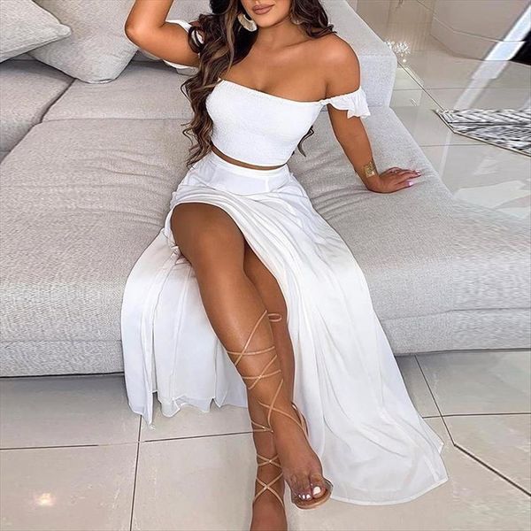 spring summer fashion elegant womens tracksuits off shoulder ruffles high slit femme maxi skirt sets beach two pieces, Gray
spring summer fashion elegant womens tracksuits off shoulder ruffles high slit femme maxi skirt sets beach two pieces, Gray