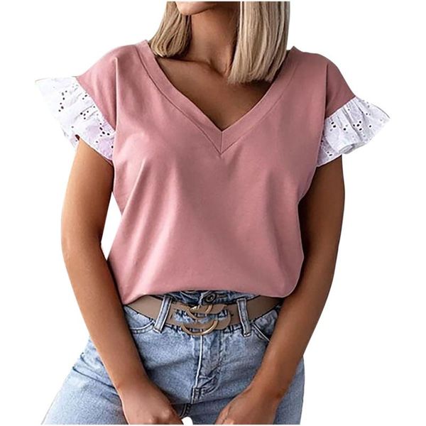 women's t-shirt fashion slim shirt feminine pure color v-neck stitching ruffle short sleeve casual loose summer ladies, White
women's t-shirt fashion slim shirt feminine pure color v-neck stitching ruffle short sleeve casual loose summer ladies, White