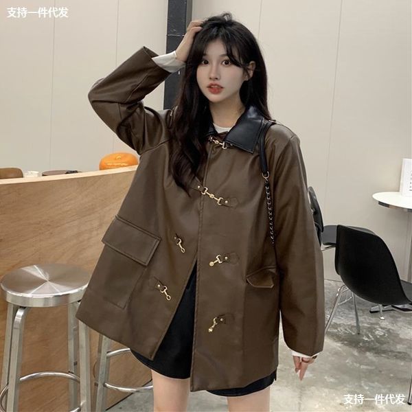 Autumn winter 2021 new versatile PU leather coat loose design sense long sleeve single breasted motorcycle women's top, Black
Autumn winter 2021 new versatile PU leather coat loose design sense long sleeve single breasted motorcycle women's top, Black