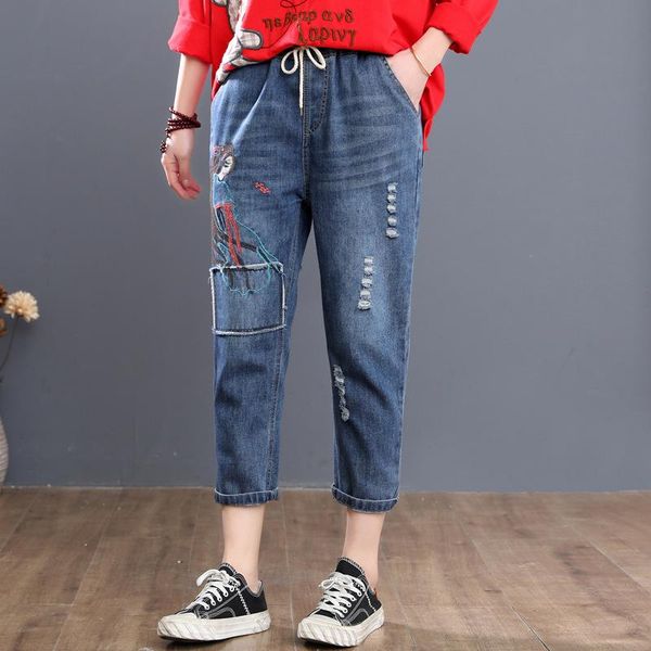 plus size women's -3xl cute girl embroidery jeans casual summer 8/10 denim pants, Blue
plus size women's -3xl cute girl embroidery jeans casual summer 8/10 denim pants, Blue