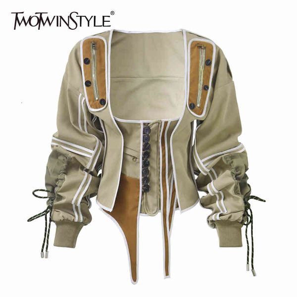 twotwinstyle casual patchwork hit color irregular jacket women square collar lantern long sleeve lace up female coats tide, Black;brown
twotwinstyle casual patchwork hit color irregular jacket women square collar lantern long sleeve lace up female coats tide, Black;brown