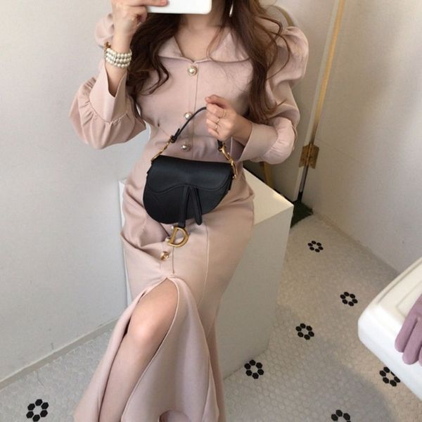 french style elegant long puff sleeve mermaid women peter pan collar pearls button decorate solid fish tail dress 210416, Black;gray
french style elegant long puff sleeve mermaid women peter pan collar pearls button decorate solid fish tail dress 210416, Black;gray