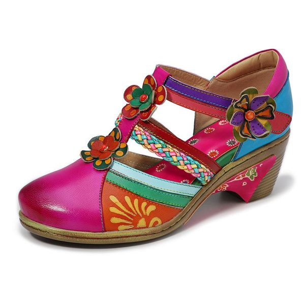 stitching weave hook loop retro shoes women bohemian sandals genuine leather 3-4cm buckle strap square high heels flower, Black