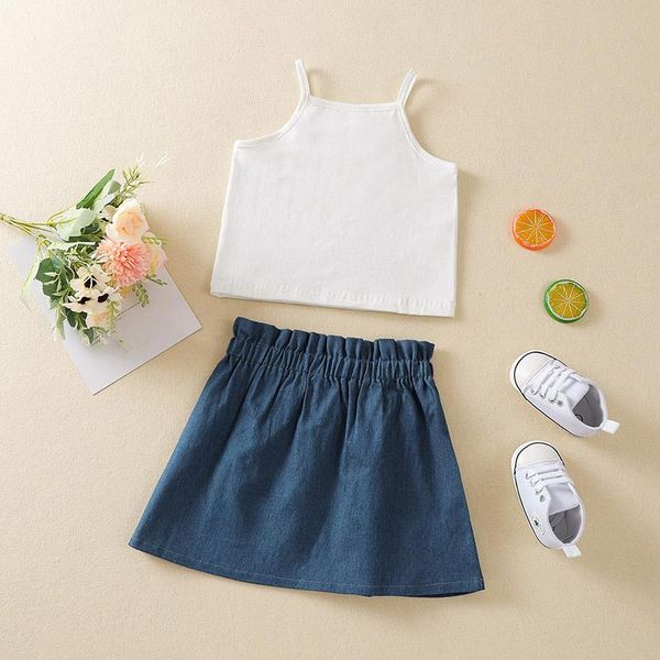 clothing sets girls solid color clothes set, sleeveless cropped with lace + short denim skirt bow-knot, White
clothing sets girls solid color clothes set, sleeveless cropped with lace + short denim skirt bow-knot, White