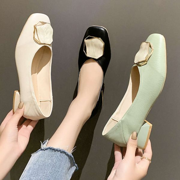 leather high heels women's summer korean lazy sho head temperament soft shallow mouth thick heel, Black 
leather high heels women's summer korean lazy sho head temperament soft shallow mouth thick heel, Black