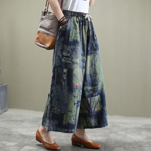 women's jeans vintage pattern print women denim pants loose elastic waist drawstring pocket wide leg spring summer, Blue
women's jeans vintage pattern print women denim pants loose elastic waist drawstring pocket wide leg spring summer, Blue