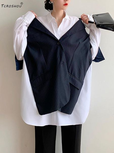 lapel contrasting color stripes irregular loose fake two-piece mid-length shirt ladies autumn fashion personality all-match women's blo, White
lapel contrasting color stripes irregular loose fake two-piece mid-length shirt ladies autumn fashion personality all-match women's blo, White