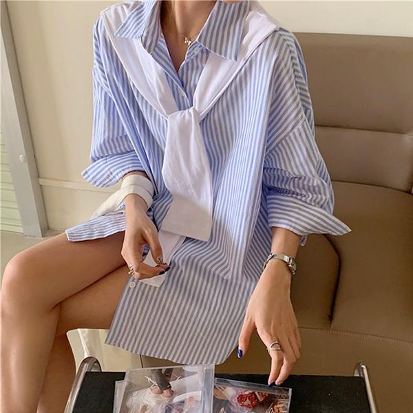 women's blouses & shirts korean chic fake two piece blouse women 2021 half sleeve stripe and blusas mujer loose chemise femme, White
women's blouses & shirts korean chic fake two piece blouse women 2021 half sleeve stripe and blusas mujer loose chemise femme, White