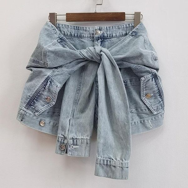 women's shorts designer fake two-piece stitching knotted denim street pants women trend fashion 2021 autumn winter, White;black
women's shorts designer fake two-piece stitching knotted denim street pants women trend fashion 2021 autumn winter, White;black