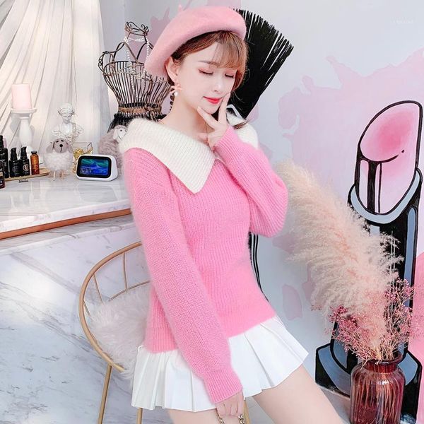 autumn and winter wear college style doll collar pink sweater female sweet cute little slim slimming knit women's sweaters, White;black
autumn and winter wear college style doll collar pink sweater female sweet cute little slim slimming knit women's sweaters, White;black
