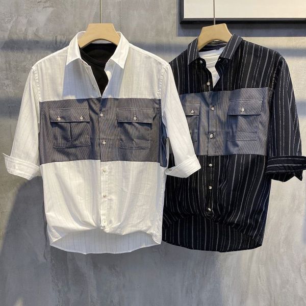 men's summer shirt thin simple striped contrast color lining slim-fit breathable five-point shirts, White;black
men's summer shirt thin simple striped contrast color lining slim-fit breathable five-point shirts, White;black