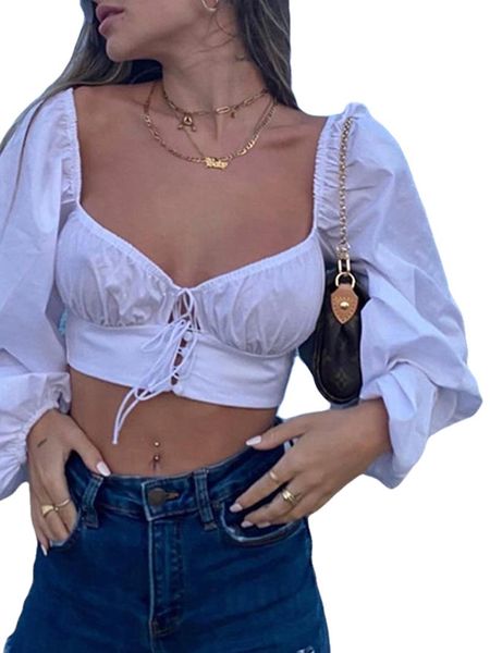 women's t-shirt 2021 women long-sleeved three-quarter solid color square neck hollow shirt nude umbilical cord tie cardigan, White
women's t-shirt 2021 women long-sleeved three-quarter solid color square neck hollow shirt nude umbilical cord tie cardigan, White