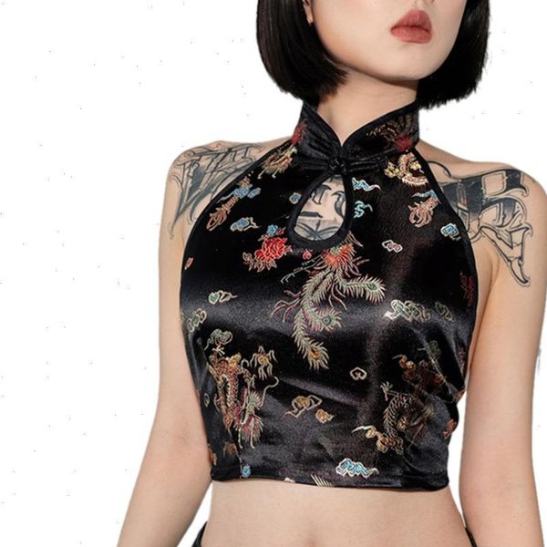 chinese style women camis cheongsa vintage dragon embroidery crop summer lace up halter backless hollow bandage tank, White
chinese style women camis cheongsa vintage dragon embroidery crop summer lace up halter backless hollow bandage tank, White