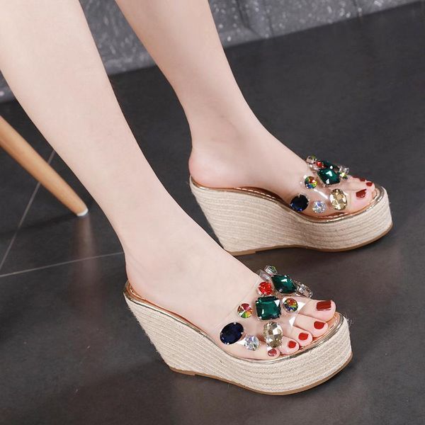 slippers summer peep toe platform woman sandals transparent crystal ladies rhinestone high heels wedge slides for women, Black
slippers summer peep toe platform woman sandals transparent crystal ladies rhinestone high heels wedge slides for women, Black
