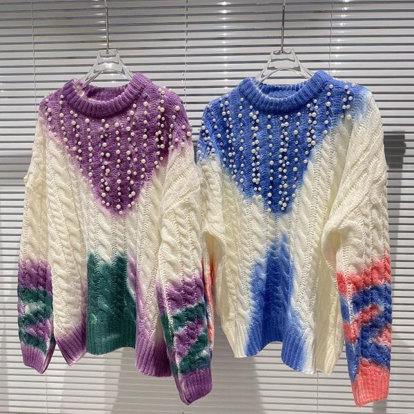 women's sweaters 2021 pearl bead design gradient tie-dye woven round neck knitted sweater 0925, White;black
women's sweaters 2021 pearl bead design gradient tie-dye woven round neck knitted sweater 0925, White;black