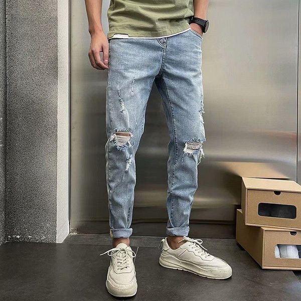 men's jeans men hole autumn student casual ripped tight denim pants beggar style slim man trousers, Blue 
men's jeans men hole autumn student casual ripped tight denim pants beggar style slim man trousers, Blue