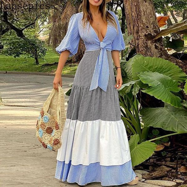 casual dresses bohemian summer v-neck color matching lace up women elegant maxi dress beach & holiday, Black;gray
casual dresses bohemian summer v-neck color matching lace up women elegant maxi dress beach & holiday, Black;gray