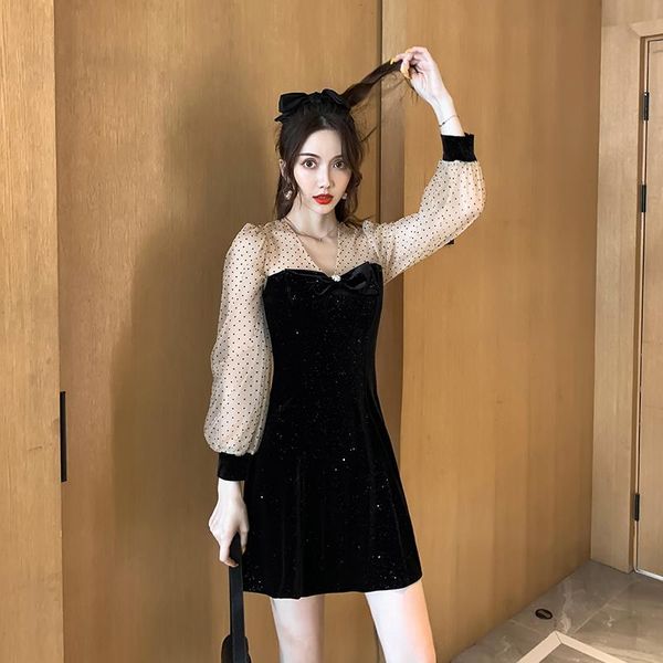 casual dresses #5105 polka dot mesh spliced velvet dress women v neck a-line korean retro woman mini long sleeve spring autumn, Black;gray
casual dresses #5105 polka dot mesh spliced velvet dress women v neck a-line korean retro woman mini long sleeve spring autumn, Black;gray