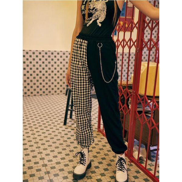 & capris women's cargo jogger pants high-waist trousers patchwork plaid casual loose decorative chain wear sports bottoms overalls, Black;white
& capris women's cargo jogger pants high-waist trousers patchwork plaid casual loose decorative chain wear sports bottoms overalls, Black;white