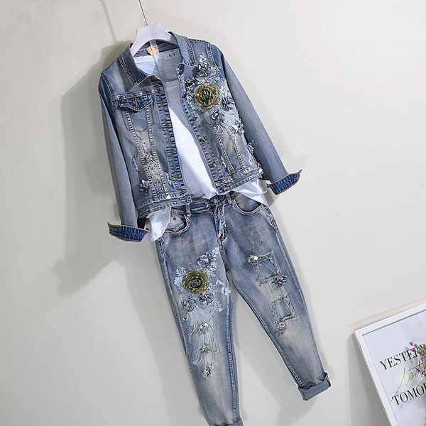 women's tracksuits two piece set spring and autumn beads sequin with holes jeans + jacket coat two-piece sets pants, Gray
women's tracksuits two piece set spring and autumn beads sequin with holes jeans + jacket coat two-piece sets pants, Gray