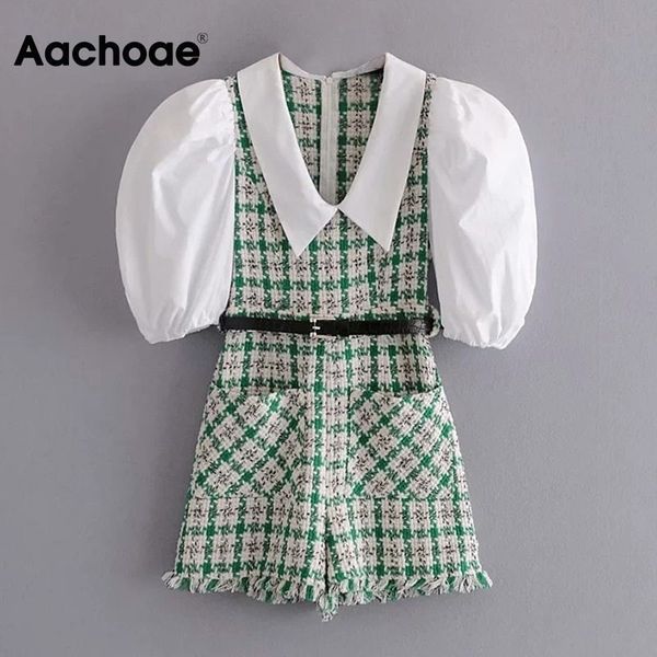aachoae women fashion patchwork tweed bodysuit with belt puff sleeve pockets short jumpsuit vintage tassel ladies overalls 210413, Black;white
aachoae women fashion patchwork tweed bodysuit with belt puff sleeve pockets short jumpsuit vintage tassel ladies overalls 210413, Black;white